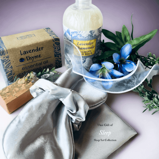 Calming Lavender Gift Set: Essential oils, floral accents, and sleep-promoting accessories nestled in a cozy arrangement.
