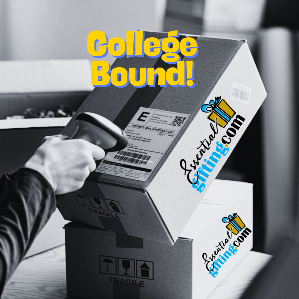 Person scanning a package with 'Essential Fitting.com' logo, text 'College Bound!' on a blurred background.