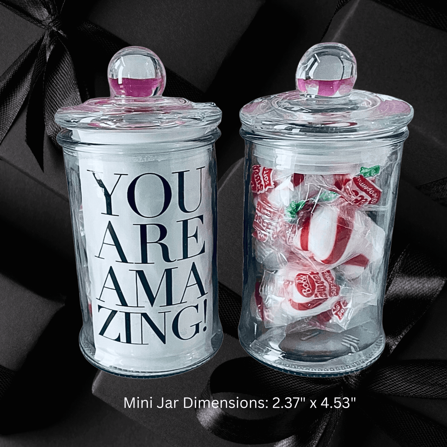 Peppermint candy in clear jars with "You are amazing!" message, presented in a decorative gift box.
