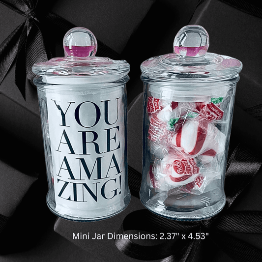 Peppermint candy in clear jars with "You are amazing!" message, presented in a decorative gift box.