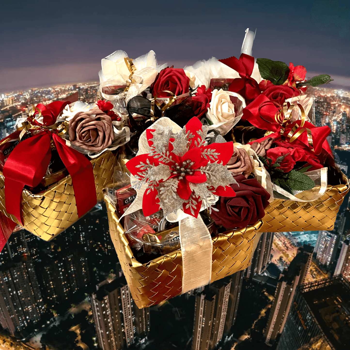 Luxurious chocolate gift box adorned with vibrant red roses, sparkling decorations, and a cityscape backdrop.