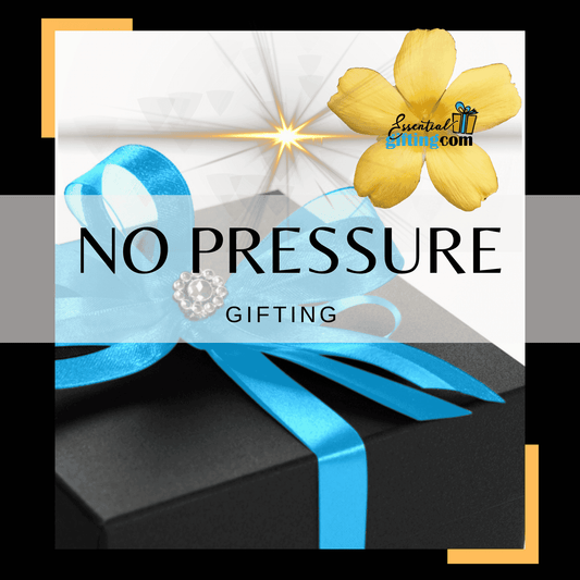 Curated gift box with no pressure gifting, blue ribbon, and yellow flower against white background.