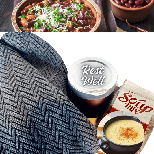 Comforting "Get Well Soon" Gift Box: Hearty soup, soothing mug, and cozy throw for a feel-good recovery.