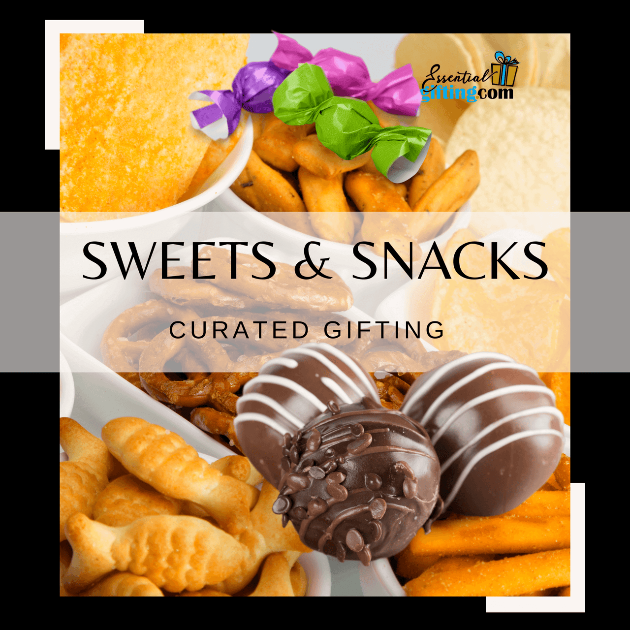 Assortment of sweet and savory snacks in a curated gift box from Essentialgifting.