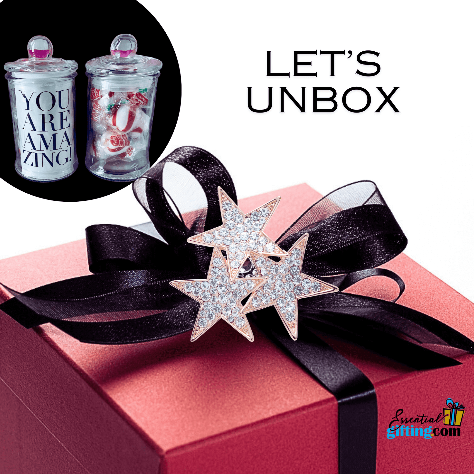 Glamorous gift box with sparkling star ornament and ribbon, complemented by peppermint candy jars against a dark background.