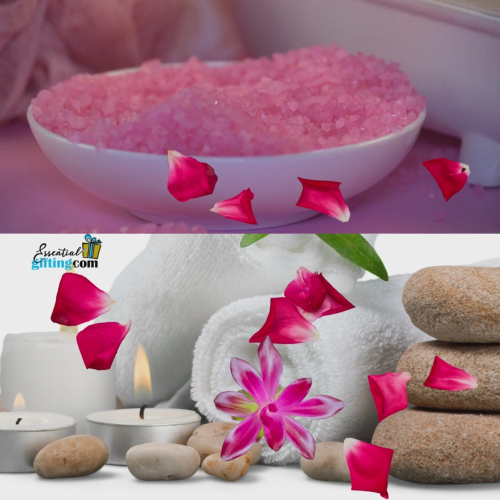 Relaxing spa retreat with pink bath salts, rose petals, and soothing candles - a tranquil, pampering experience for self-care.