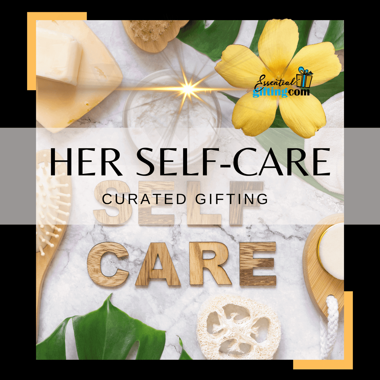 Curated self-care gifts with flower, wooden accents, and essentialgifting.com logo
