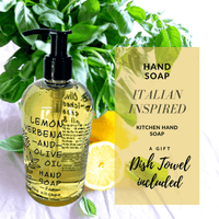 Thumbnail for Fragrant Italian-inspired hand soap amid fresh greenery, with a bonus dish towel - a thoughtful gift set.