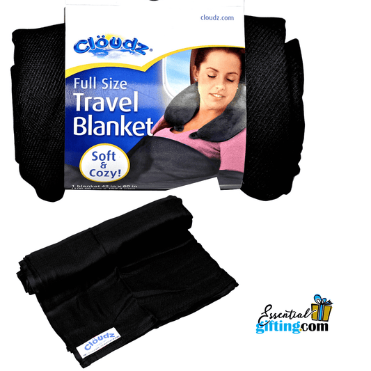 Soft, cozy travel blanket in black for easy packing and portability.