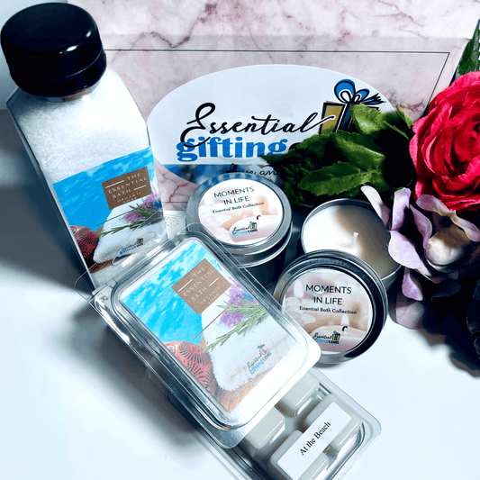 Luxurious bath and body gift set by Essentialgifting, featuring scented candles, lotions, and bath salts for a relaxing self-care experience.