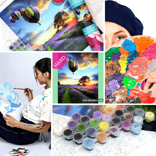 Colorful art supplies and a paint-by-number hot air balloon kit depicting a serene landscape with a vibrant sunset.