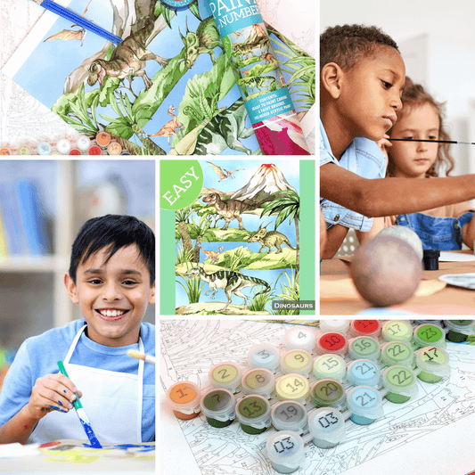 Captivating art-dinosaur DIY paint-by-number kits inspire young creatives with vibrant colors and engaging designs.