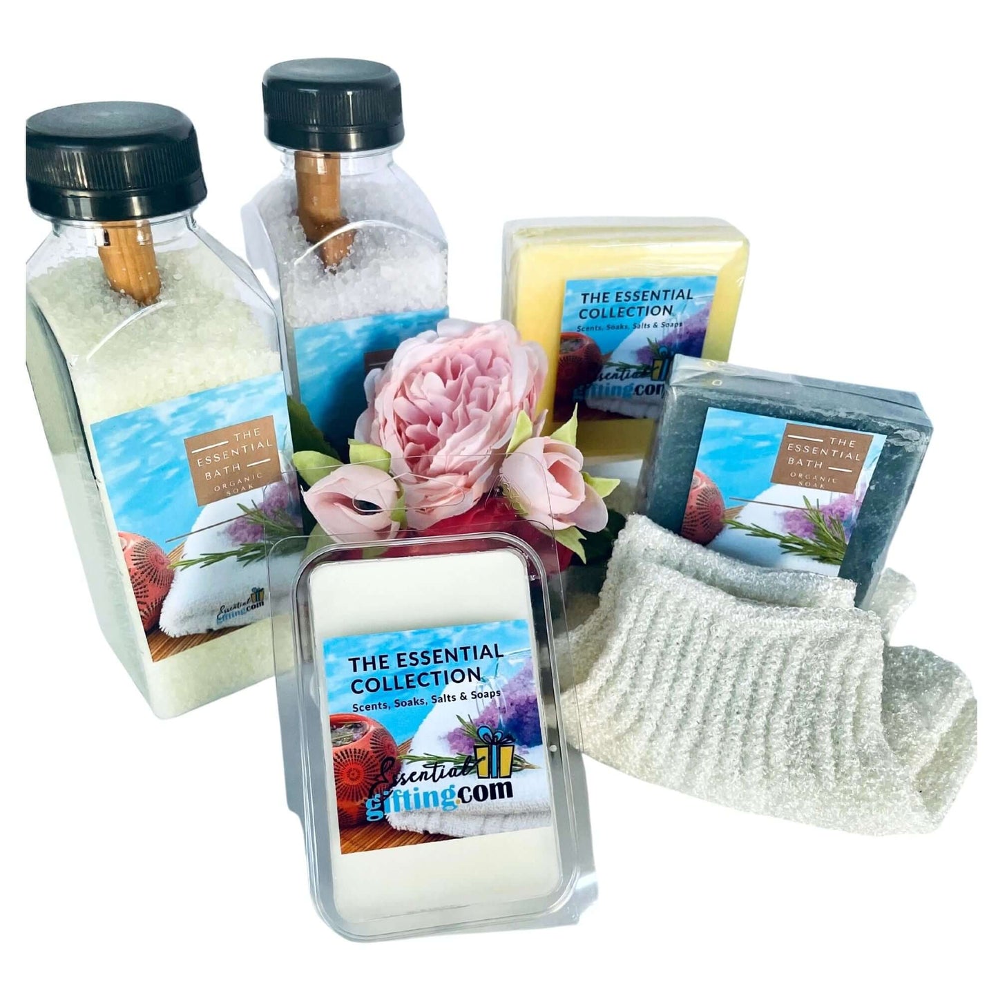 Luxurious bath care essentials in artisan gift box, featuring bath salts, soap, and other pampering products.