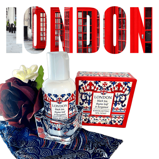 Vibrant London-themed bath and body collection with floral-patterned packaging and red telephone booths in the background.