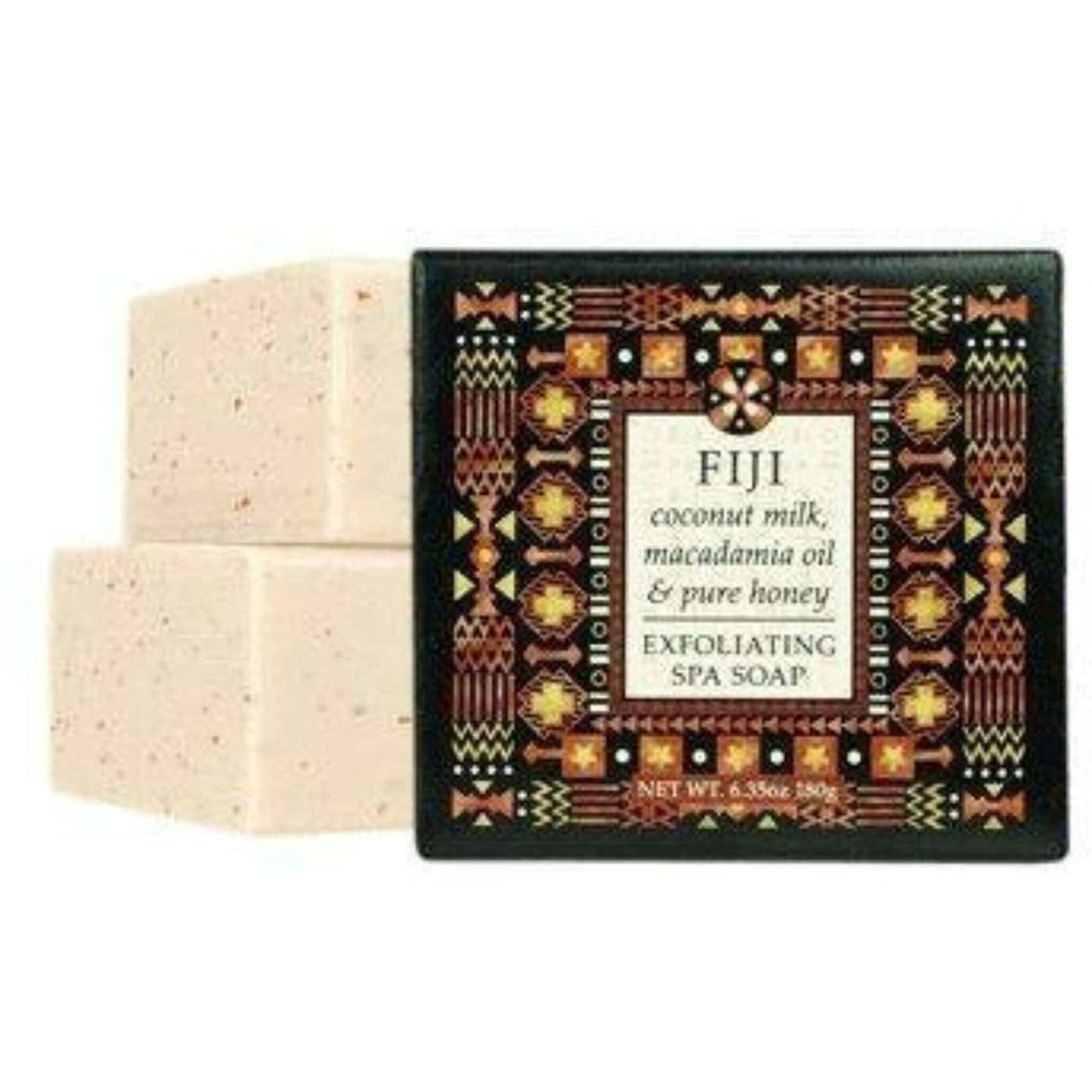 Soothing Fiji coconut milk, macadamia oil, and pure honey exfoliating spa soap.