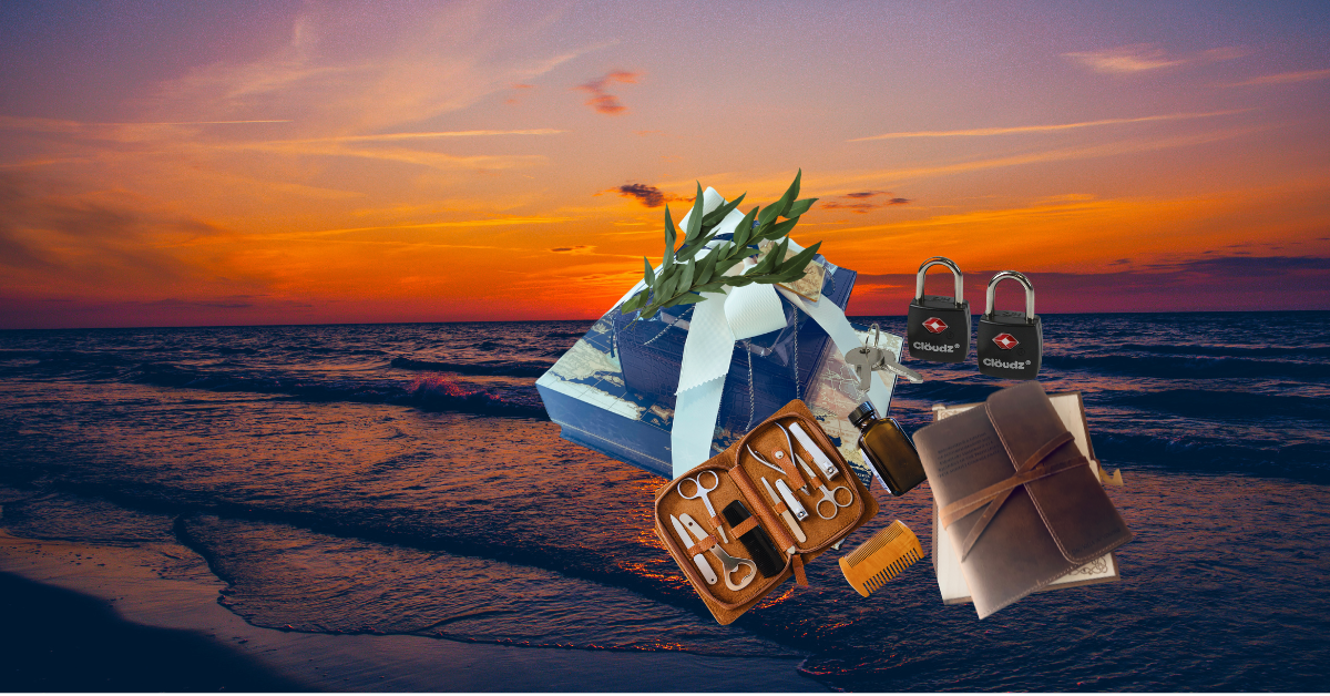 Beach travel scenery with travel gifts
