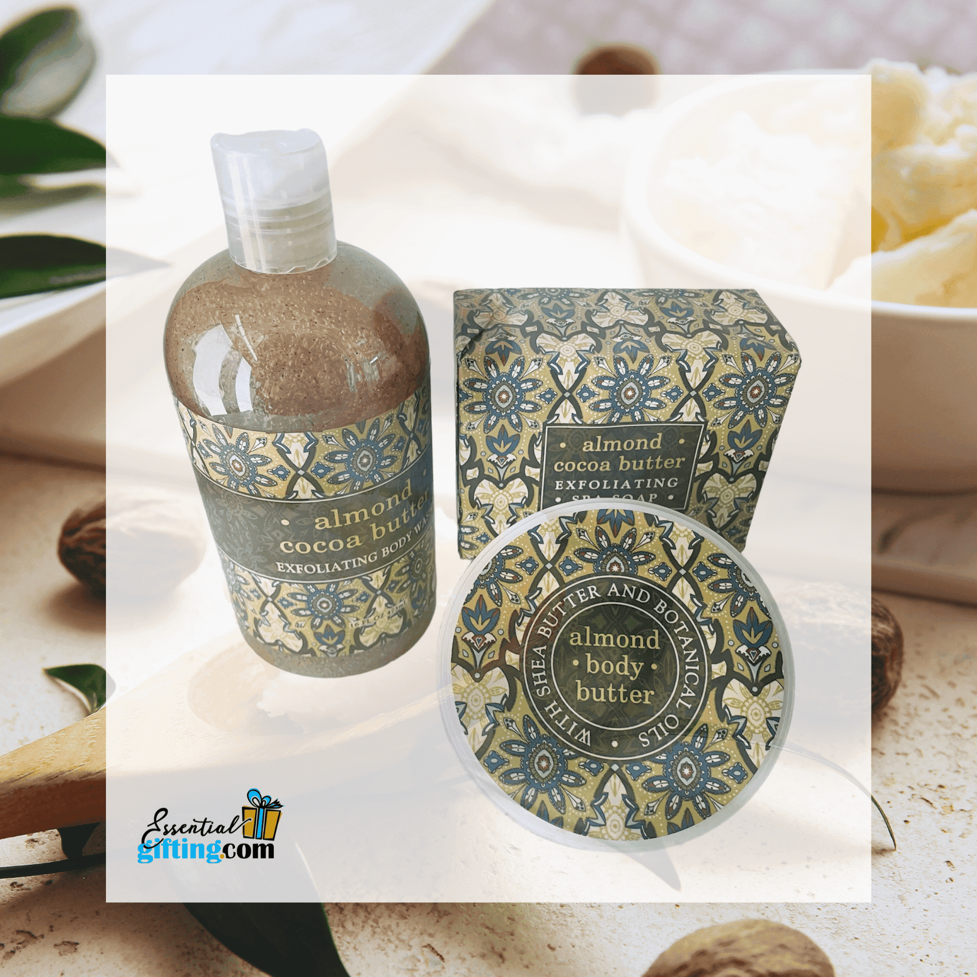 Almond Cocoa Butter Bath and Body Set: Luxurious moisturizing products with soothing almond and cocoa scent.
