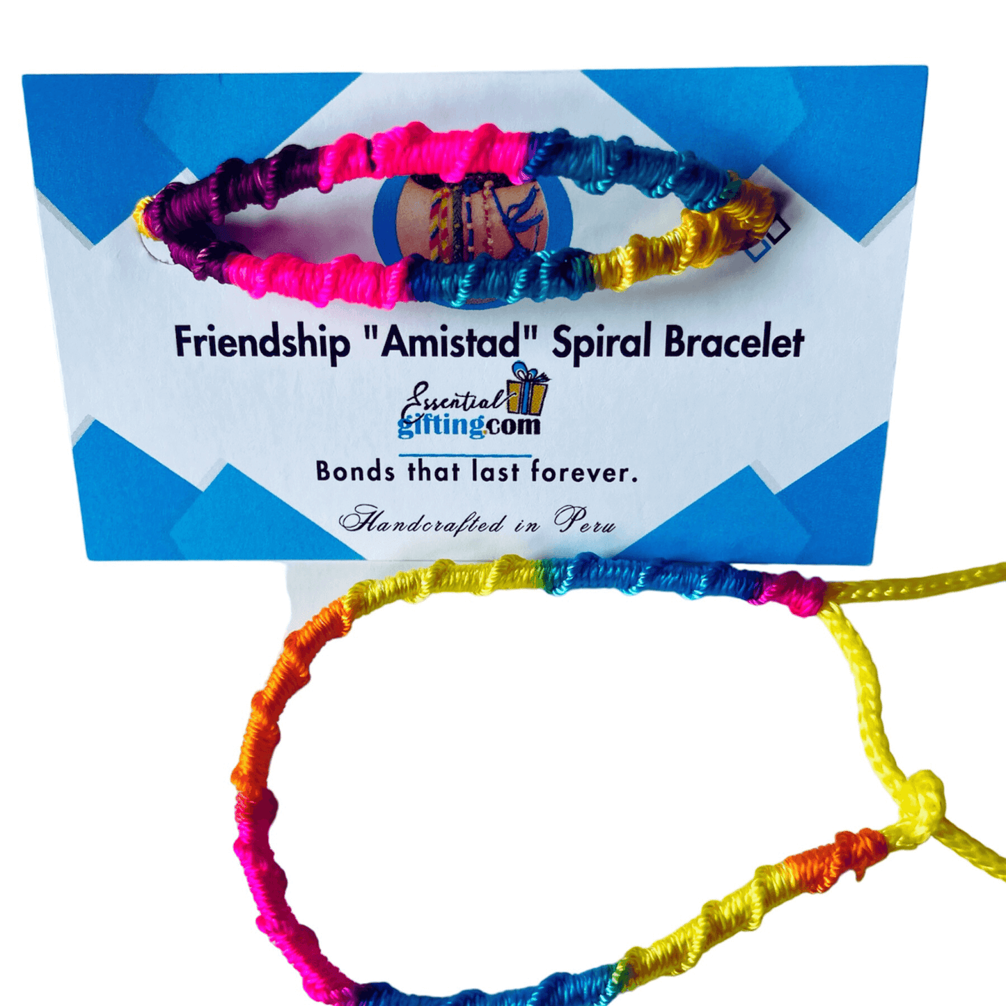 Colorful friendship bracelets for girls, an assortment of vibrant spiral woven bracelets on display.