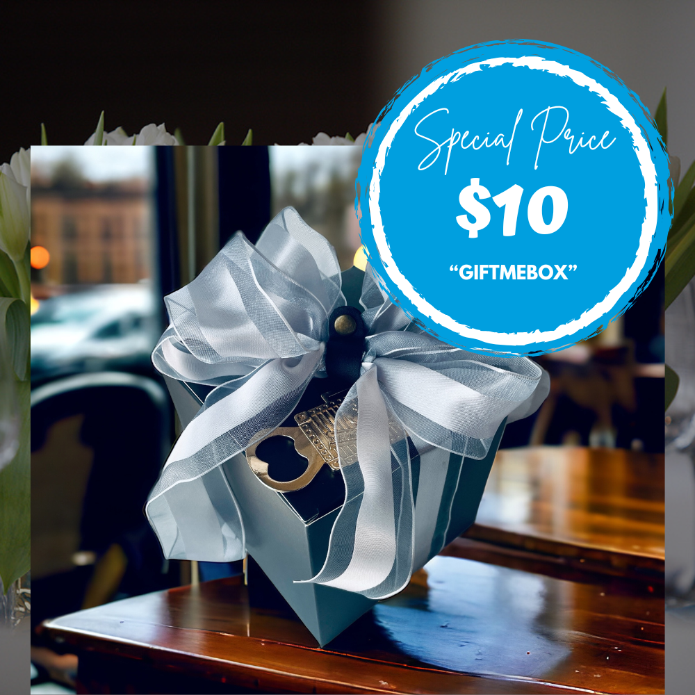 Gift box with a large white bow on a table, with 'GIFTMEBOX' branding and a special price tag.