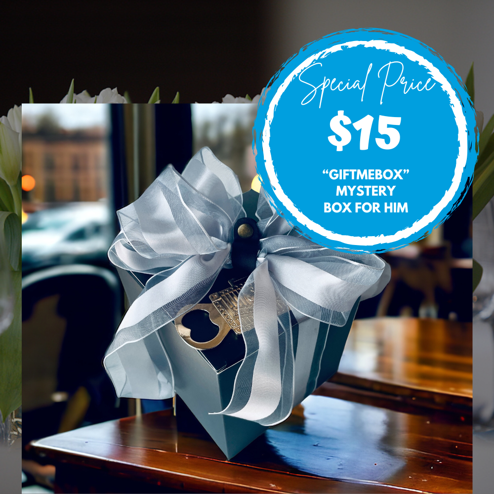 Mystery box with a white bow on a table, labeled as a 'GIFTMEBOX' with a special price of $15.