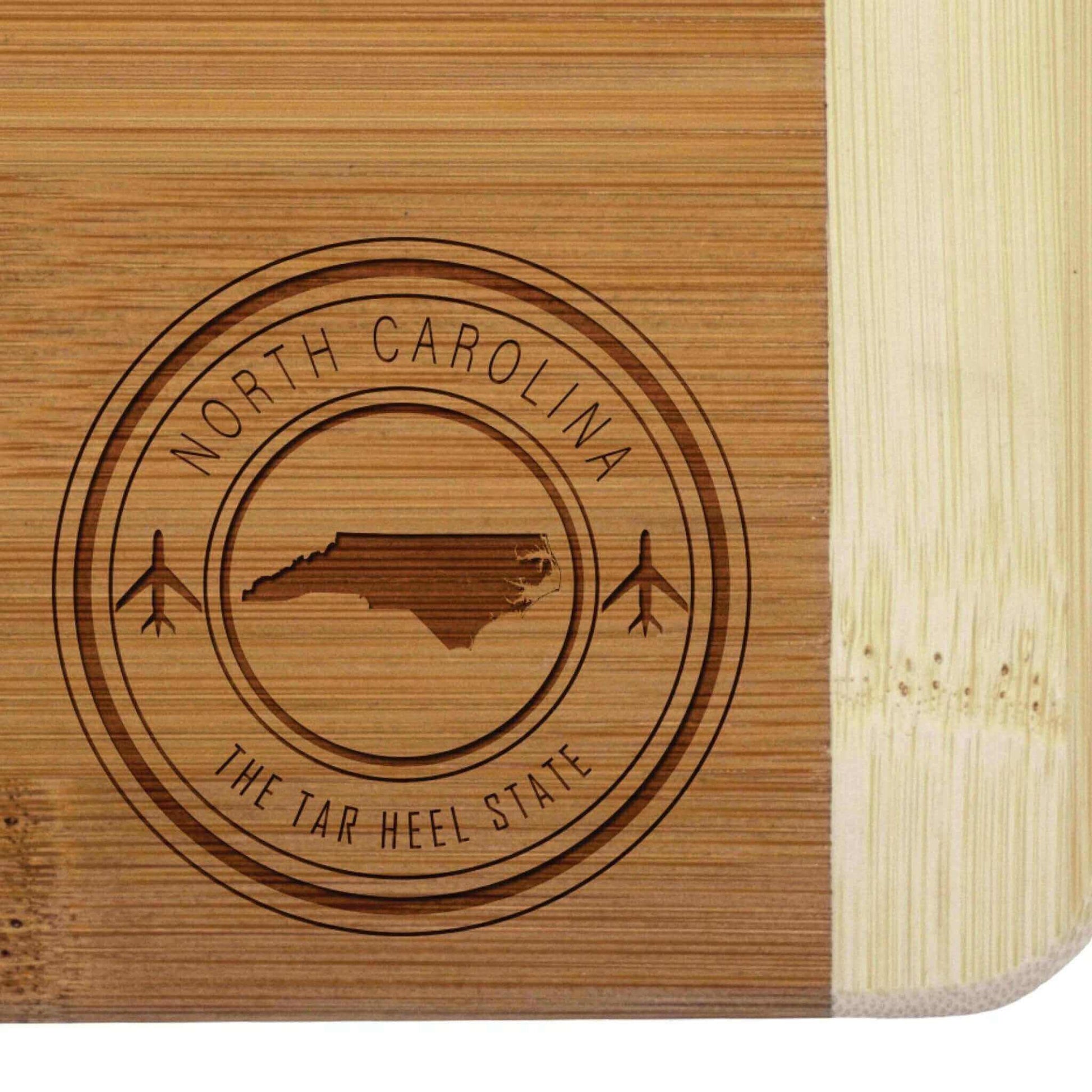 Compact North Carolina-themed wooden mini bar board with state outline and "The Tar Heel State" text, perfect for serving appetizers or displaying decor.