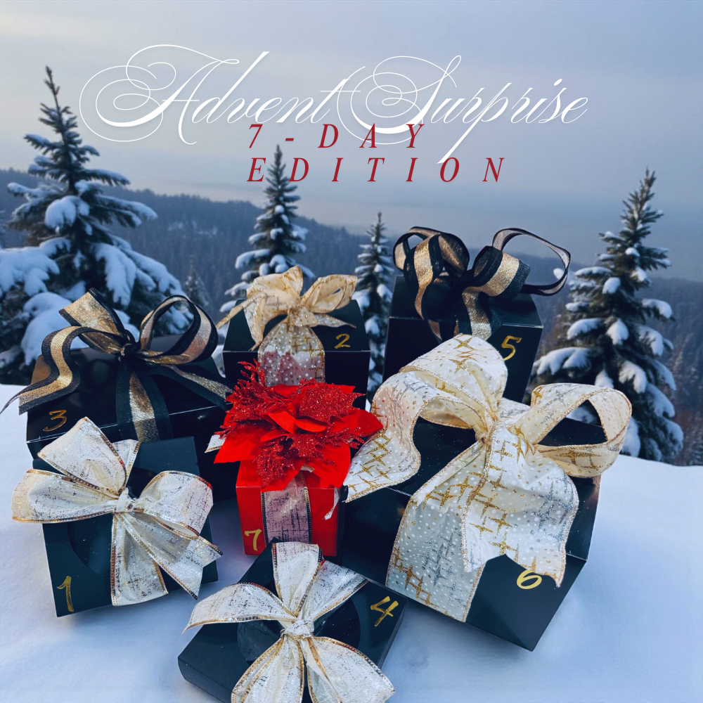 Advent calendar with numbered boxes and decorative bows against a snowy landscape.