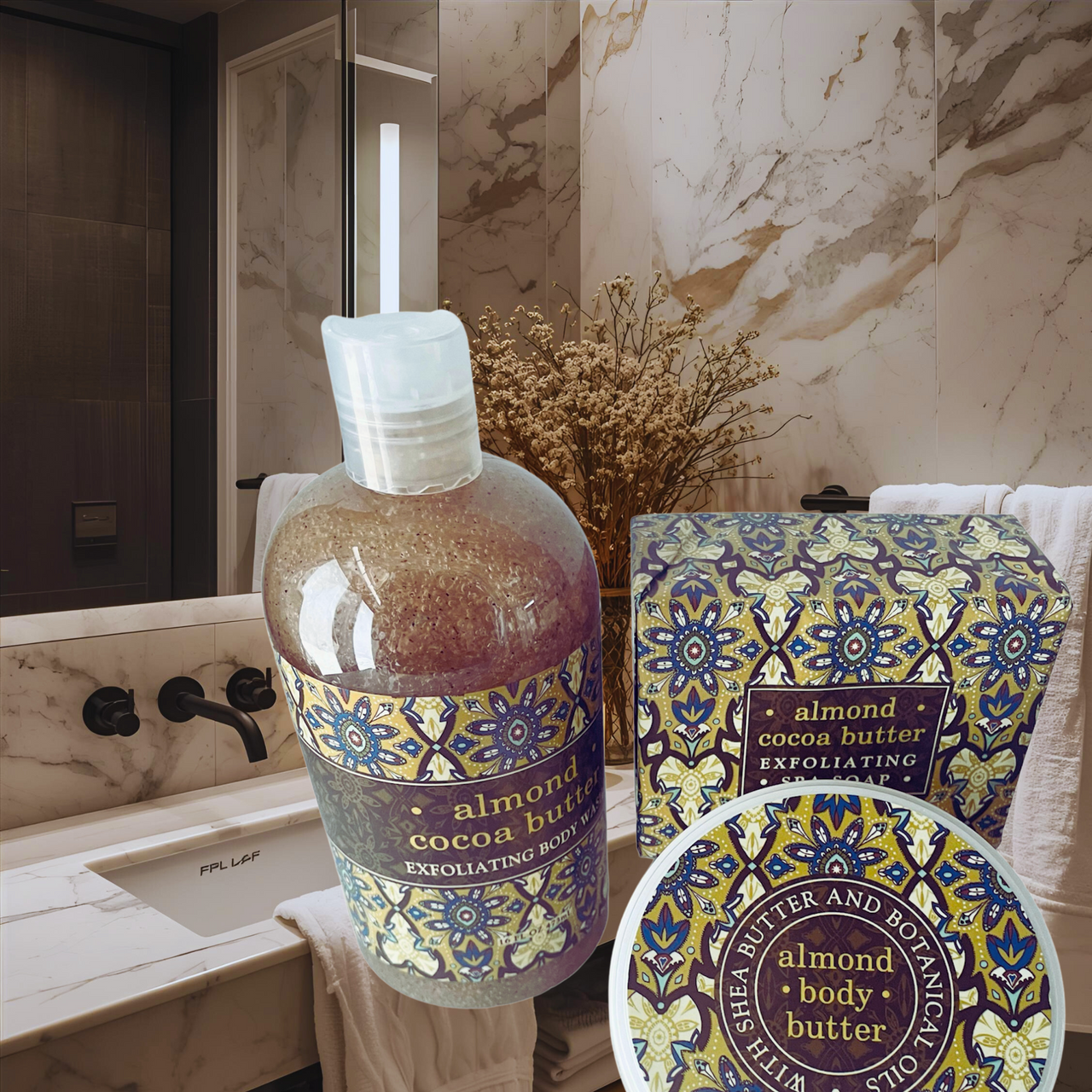 Bath and Body Almond Cocoa Butter Scrub in bathroom