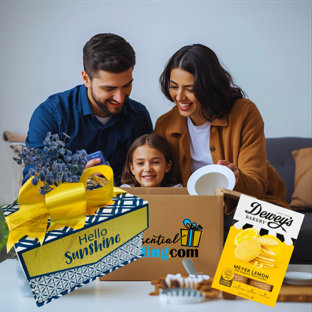 Family opening a box with 'Hello Sunshine' and 'Dewey's Bakery' products on a table.