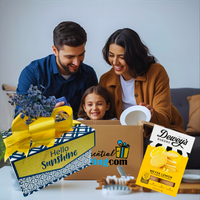 Thumbnail for Family opening a box with 'Hello Sunshine' and 'Dewey's Bakery' products on a table.