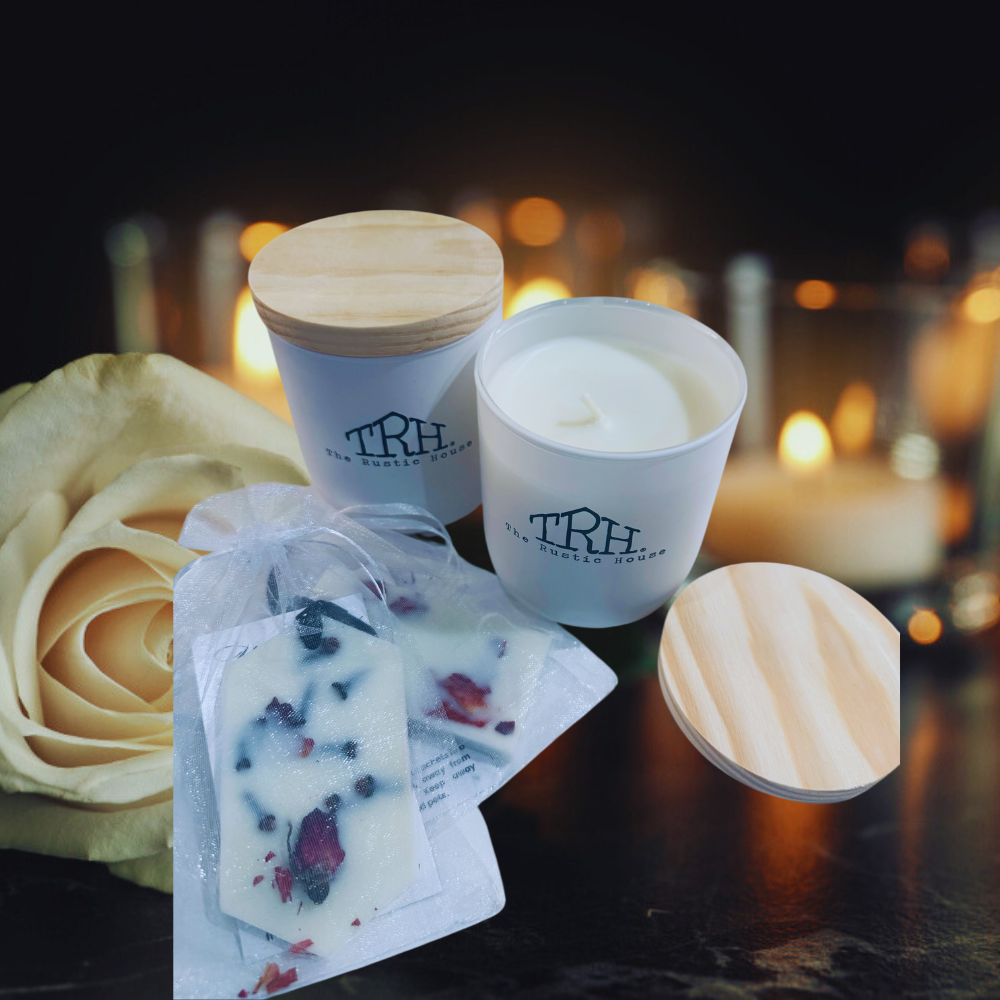 TRH candles with wooden lids and packaging on a dark background