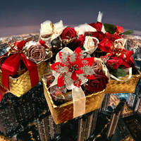 Thumbnail for Decorative flower basket with red and gold ribbons against a cityscape background