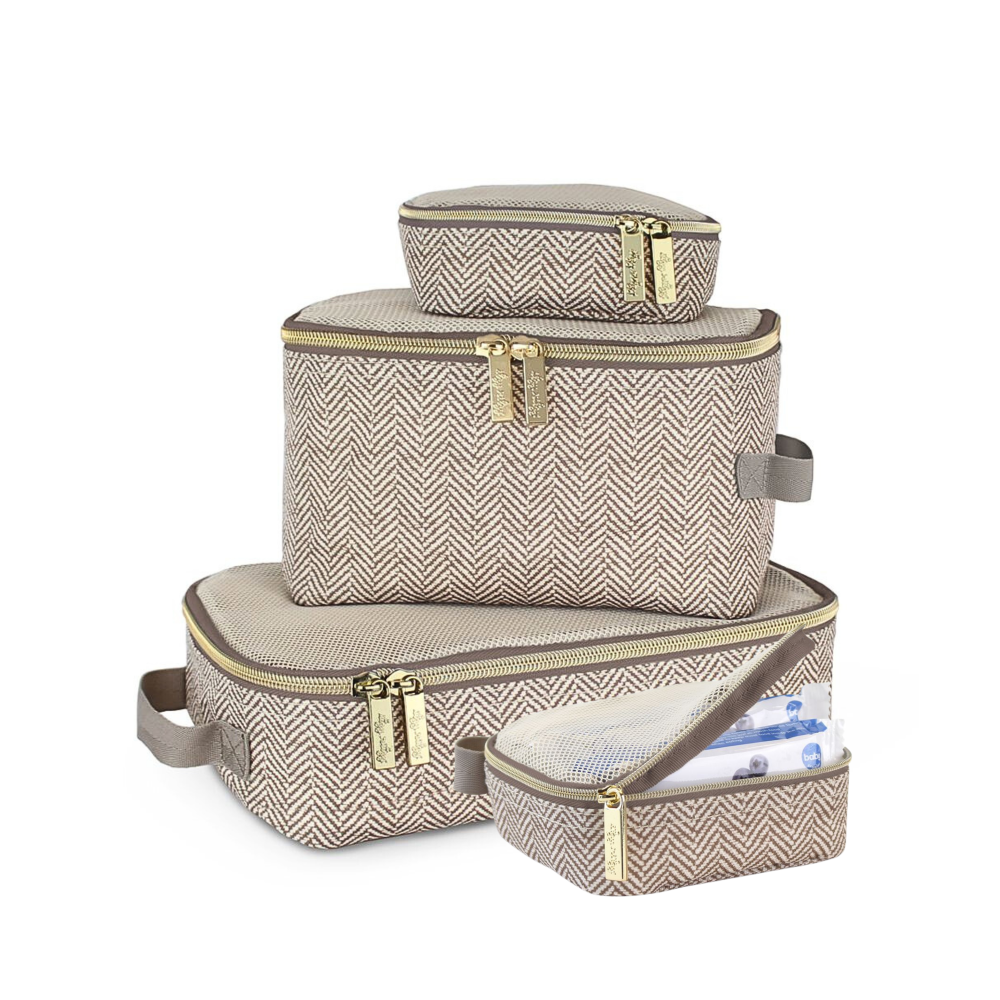 Set of four beige and brown herringbone-patterned packing cubes with gold zippers on a white background.