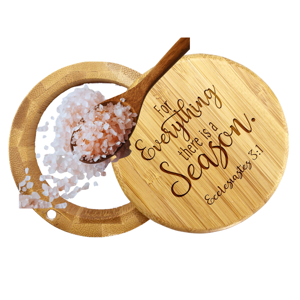 Wooden salt shaker with wooden spoon and salt, featuring a biblical quote on a white background.