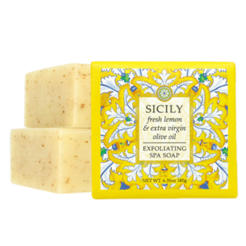 Two bars of Sicily fresh lemon & extra virgin olive oil soap with a decorative yellow label on a white background.