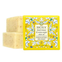 Thumbnail for Two bars of Sicily fresh lemon & extra virgin olive oil soap with a decorative yellow label on a white background.