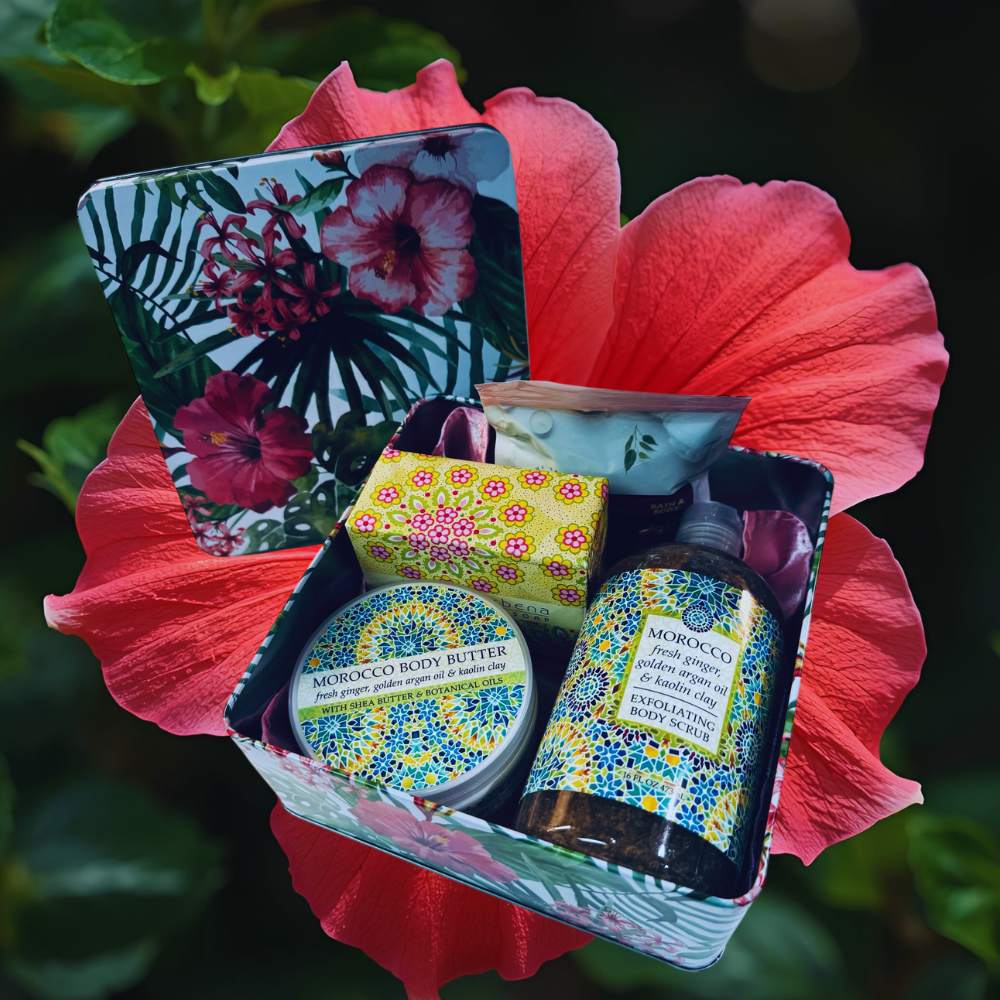 Moroccan skincare products with decorative packaging on a red flower