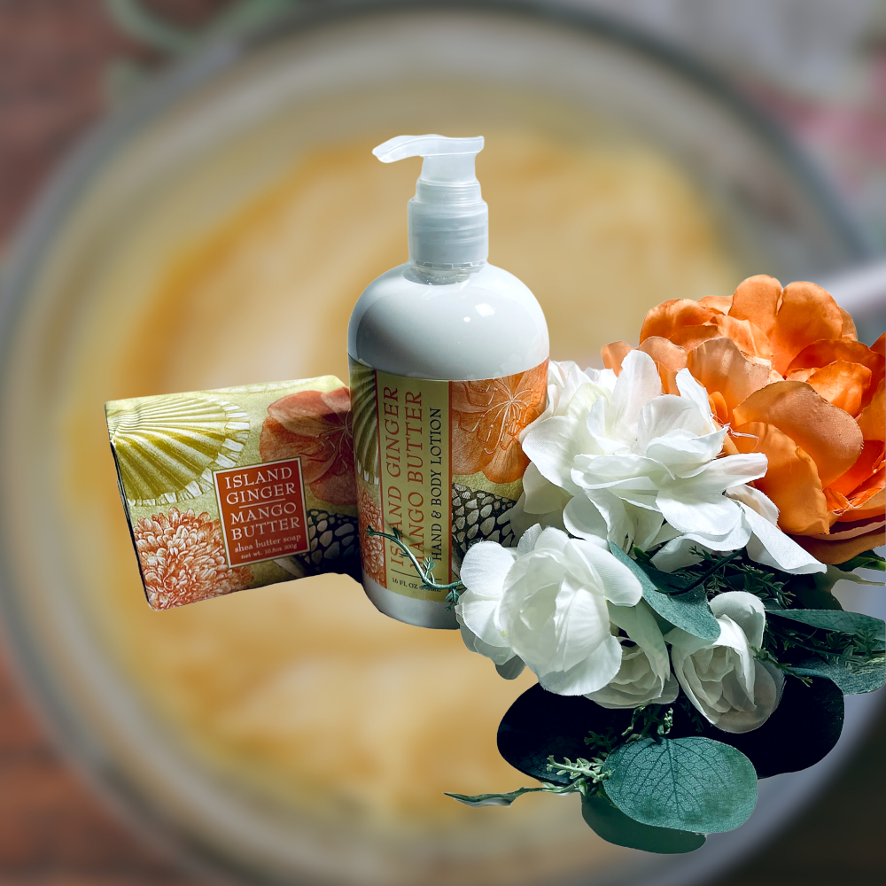 Hand cream with a floral arrangement on a reflective surface