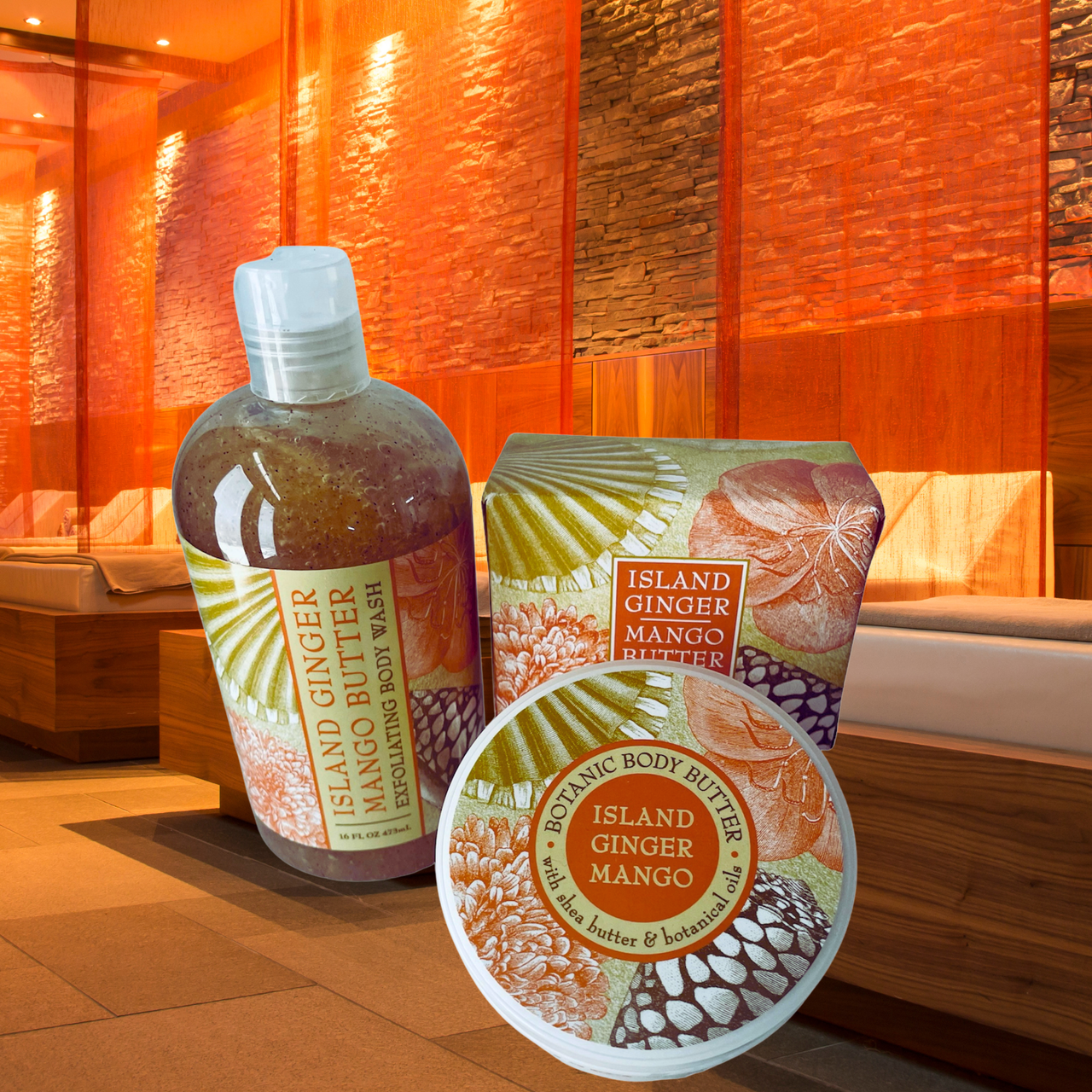 Island Ginger Mango Butter products on a wooden surface with a warm-toned background