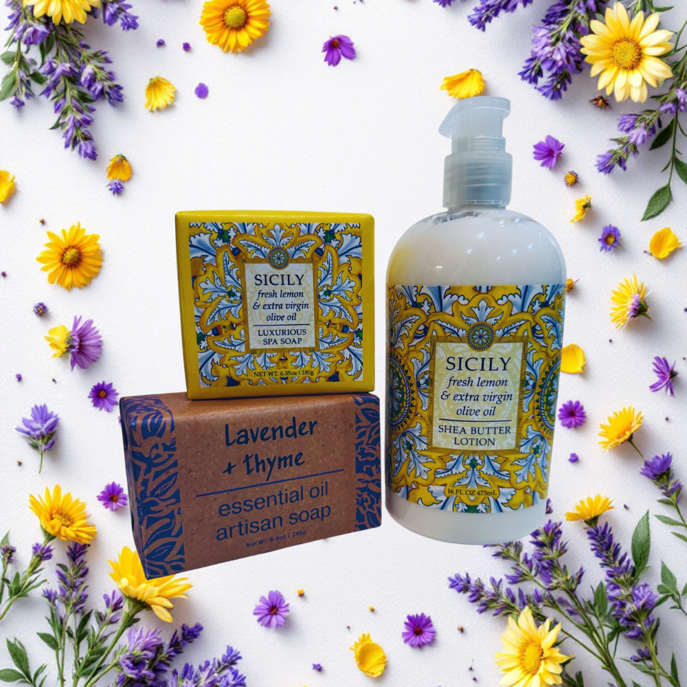 Sicily-themed soap, lotion, and soap bar with flowers on a white background