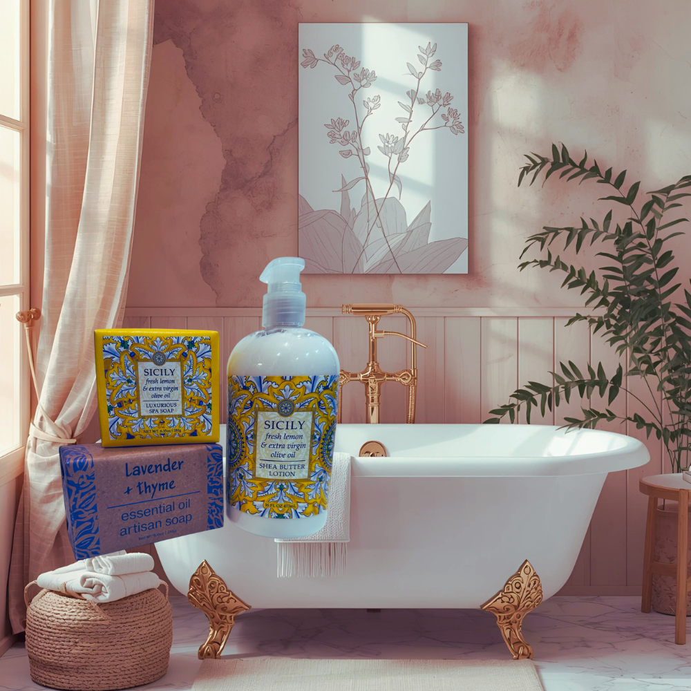 Bathroom setting with Sicily soap and bath products on a white bathtub.
