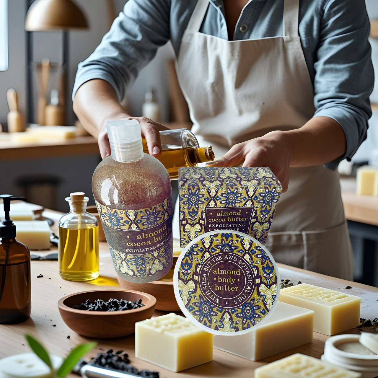 Person in an apron with almond body butter and soap products on a wooden table.