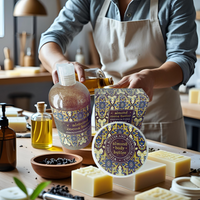 Thumbnail for Person in an apron with almond body butter and soap products on a wooden table.