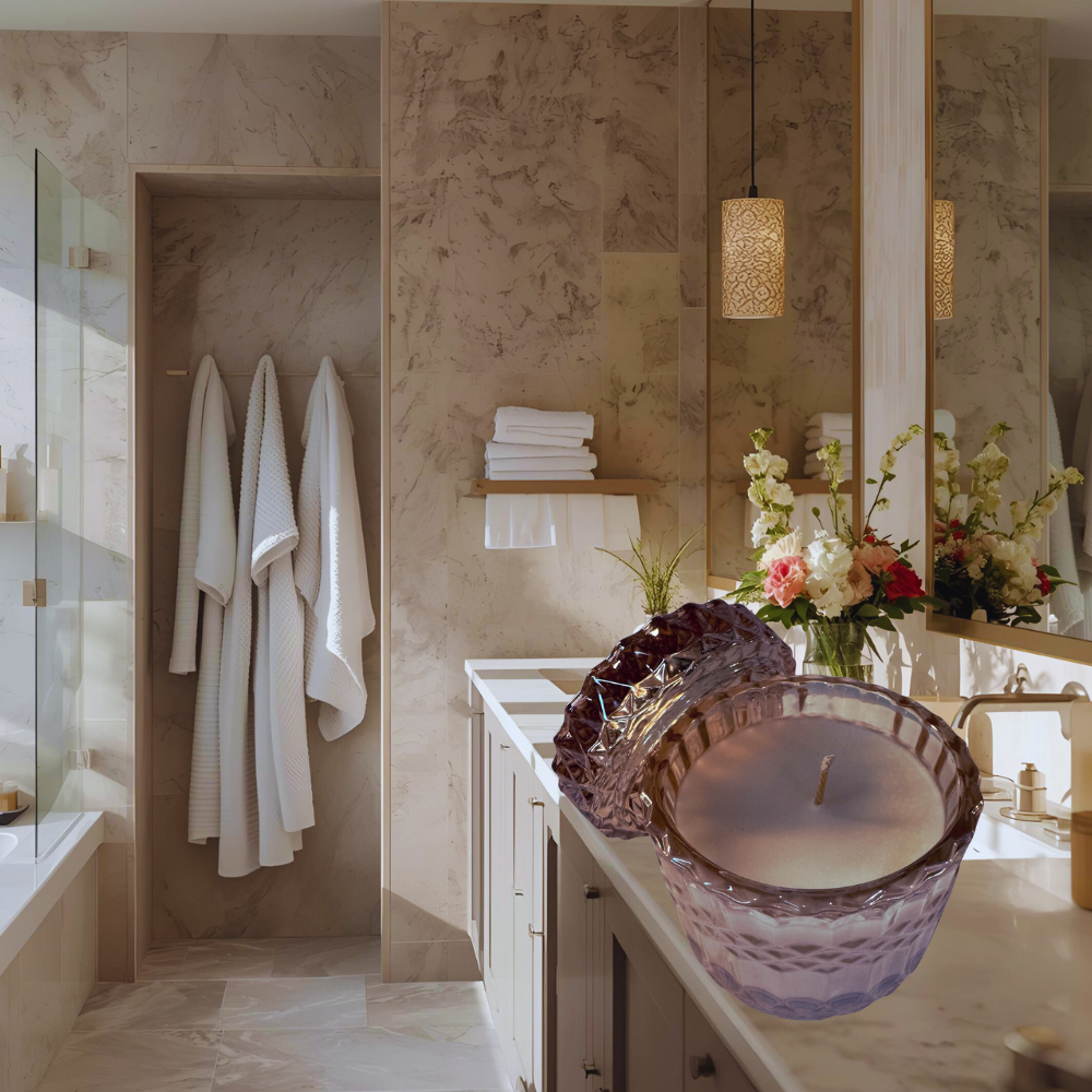 Bathroom interior with towels, candles, and flowers.