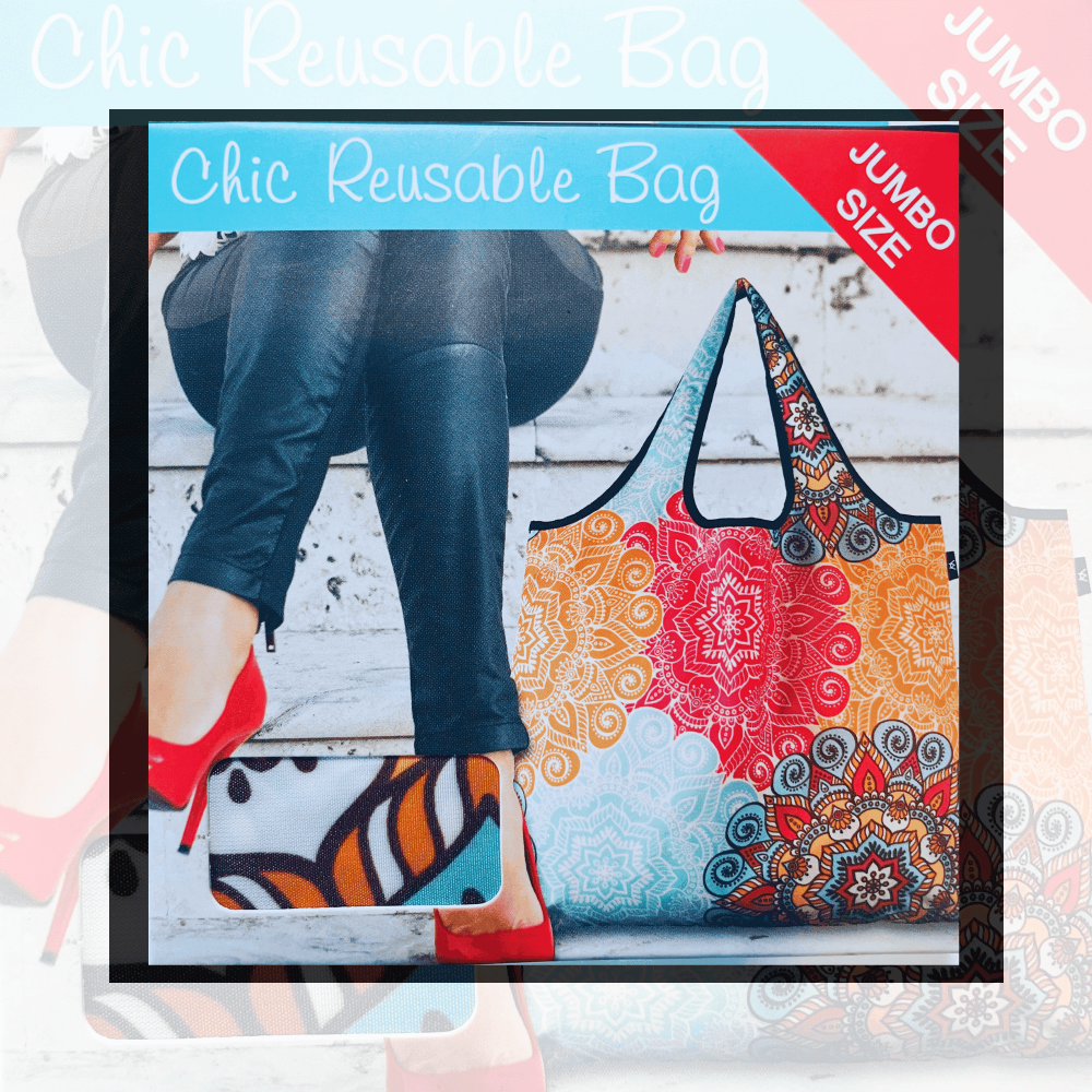 Stylish reusable shopping tote bag with vibrant floral pattern, positioned on background with fashionable woman's legs and high heels.