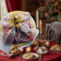 Thumbnail for Decorative gift box with gold flower on a blurred festive table background