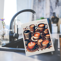 Thumbnail for A square art print featuring a detailed coffee cup illustration with latte art and coffee beans, held in front of a kitchen sink with running water and a modern faucet.