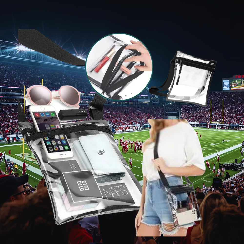 Collage of fashion items with a sports event background