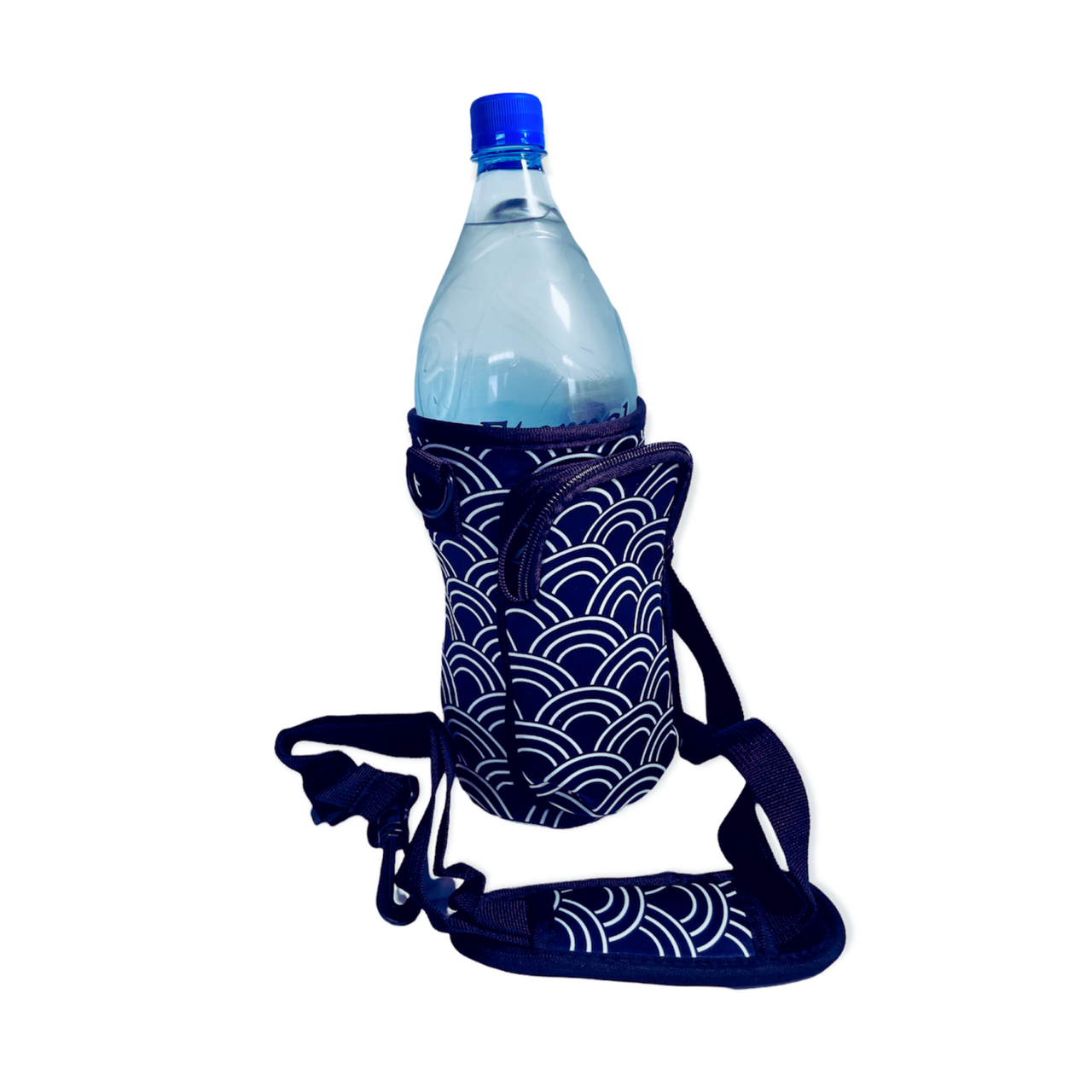 Navy blue patterned water bottle holder with a clear bottle inside on a white background