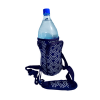 Thumbnail for Navy blue patterned water bottle holder with a clear bottle inside on a white background
