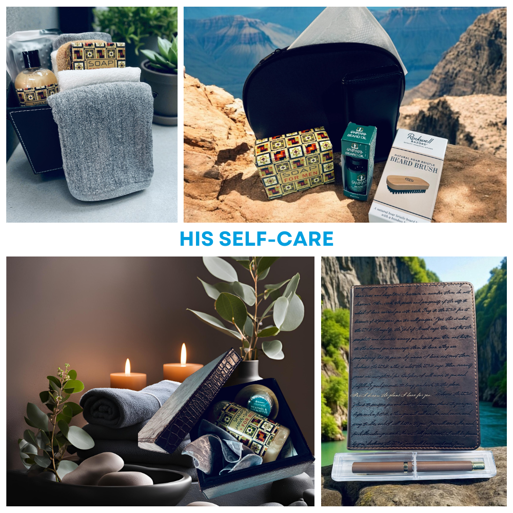 Collage of self-care products with scenic backgrounds